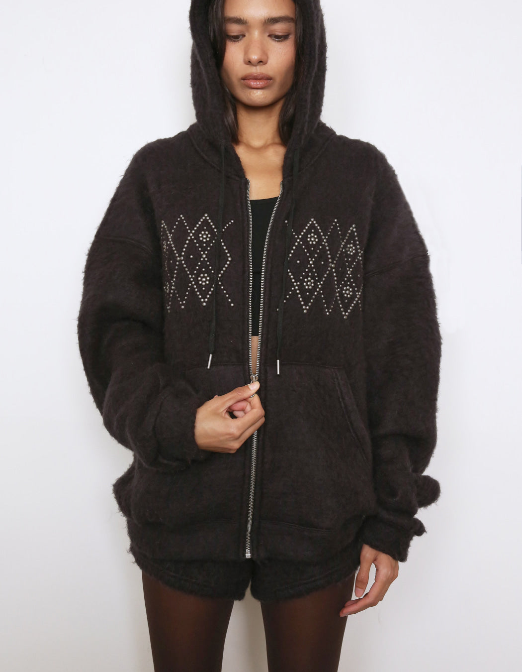 Polysooem - FLUFFY ARGYLE STUDDED HOODIE_ONZI EDITION, BLACK