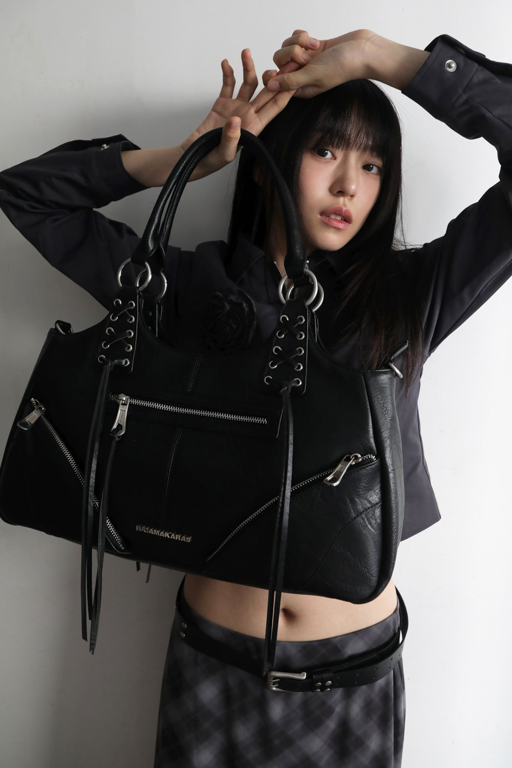 IUGA - Eyelet Leather Fringe Bag (Black)