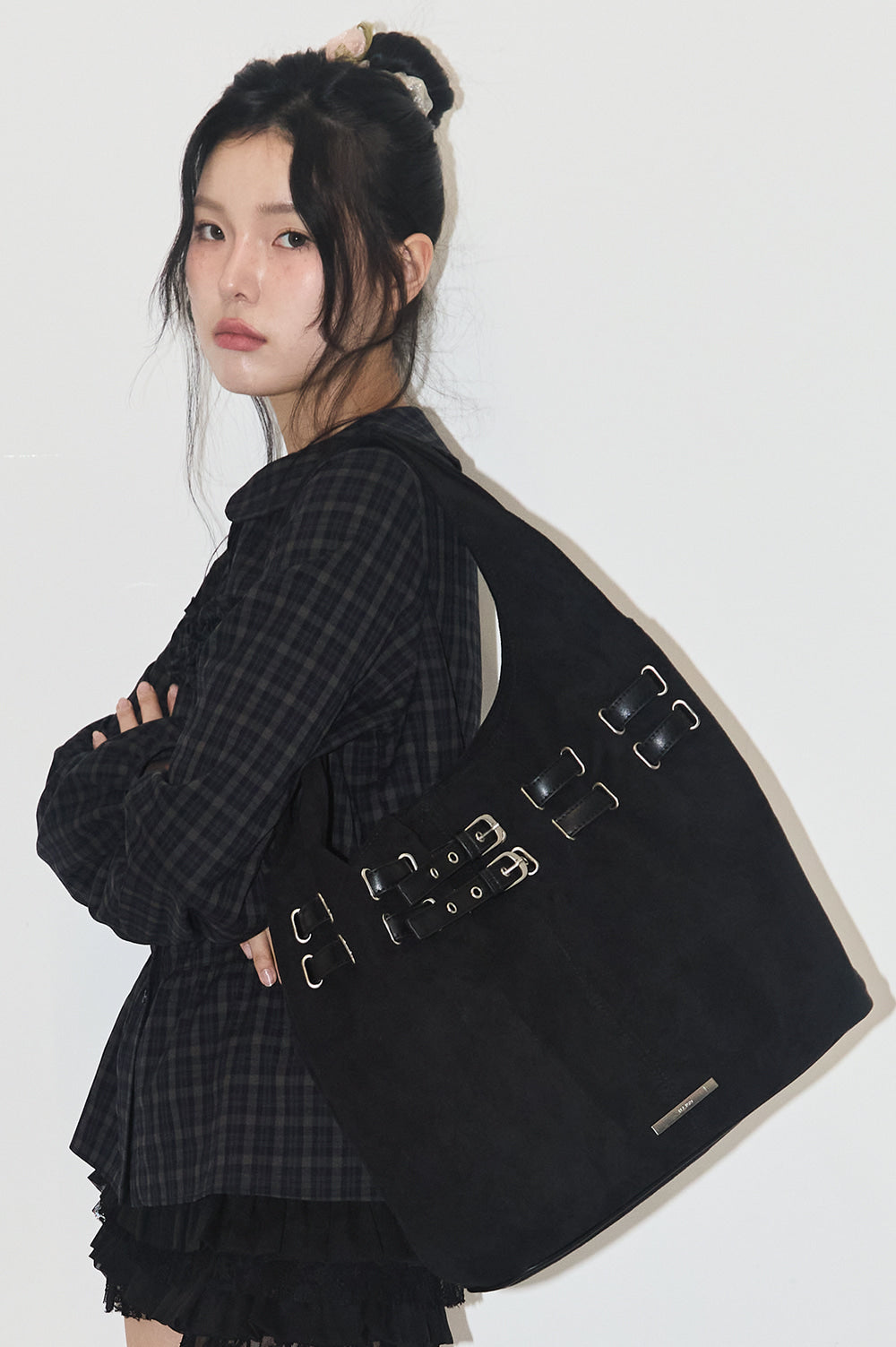 illigo - Belted Suede Shoulder Bag Black