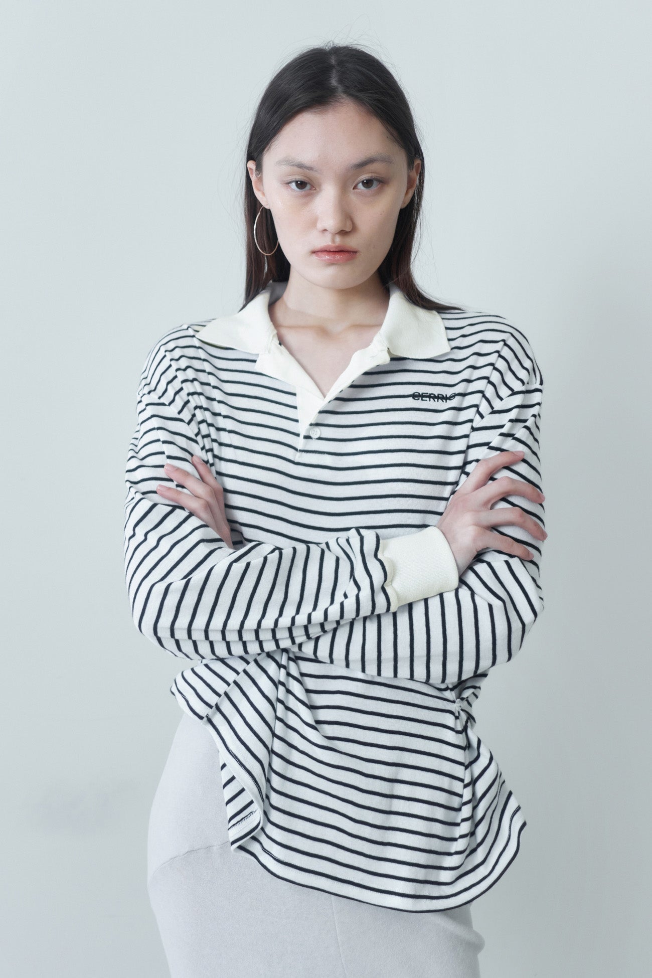 cerric - STRIPE BUTTON PINCH TOP / WHITE