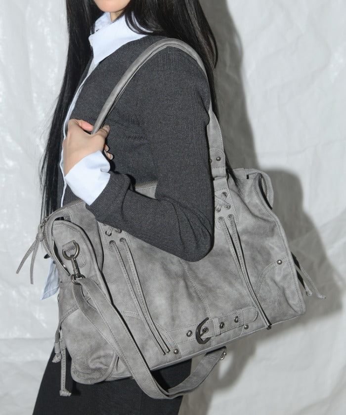 fancyclub - BELTED WASHING LEATHER BAG (GRAY) F25QE990