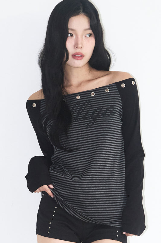 illigo - Raglan off-shoulder long-sleeve striped charcoal