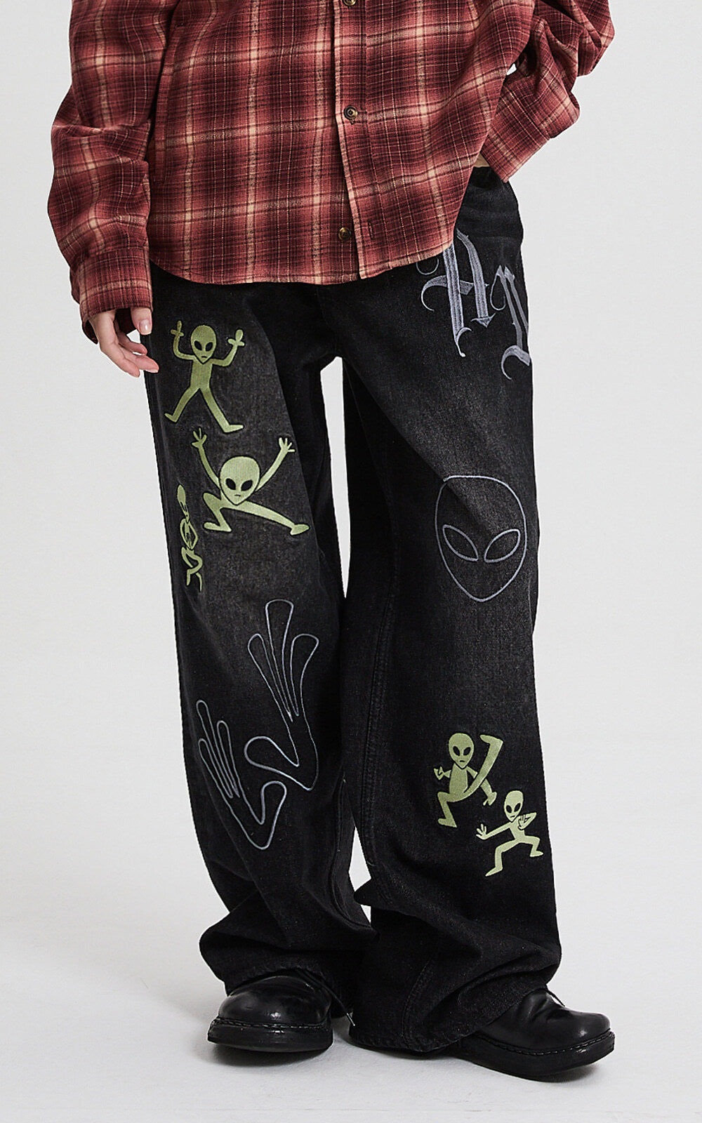 HOODHOOD - HD Alien Multi-Embroidery Denim Pants Black – lolamoon.co