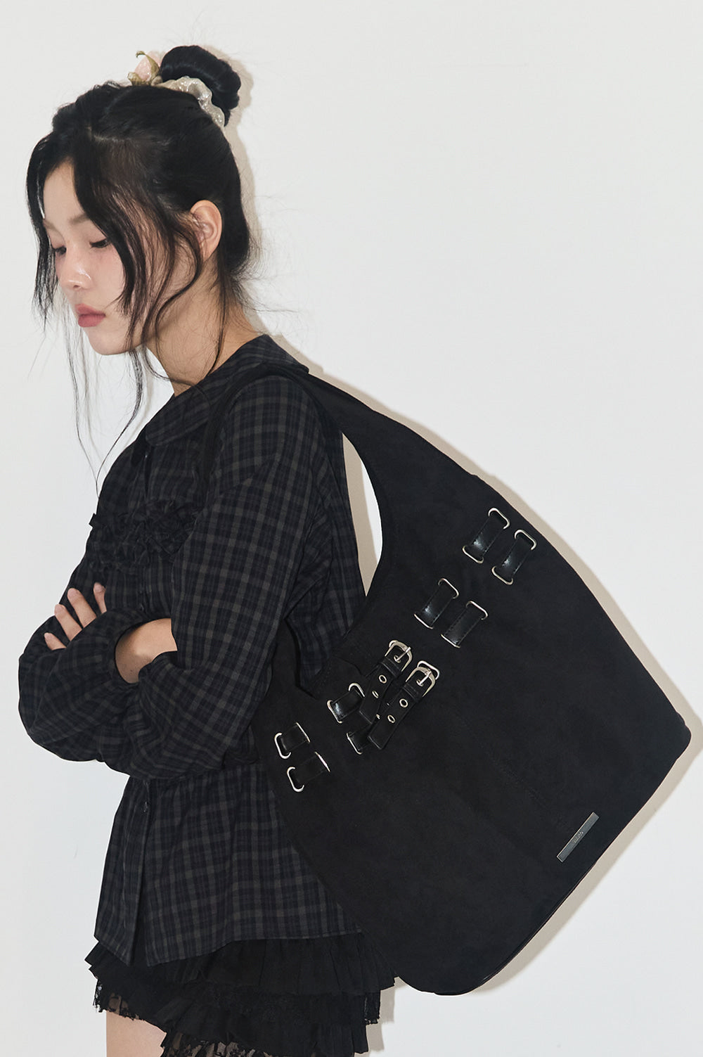 illigo - Belted Suede Shoulder Bag Black