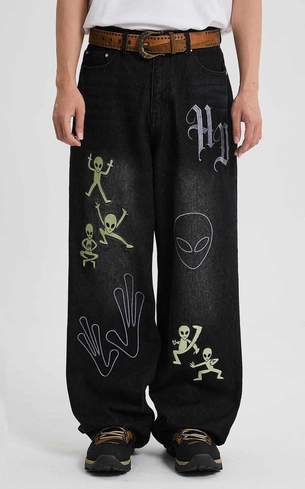 HOODHOOD - HD Alien Multi-Embroidery Denim Pants Black