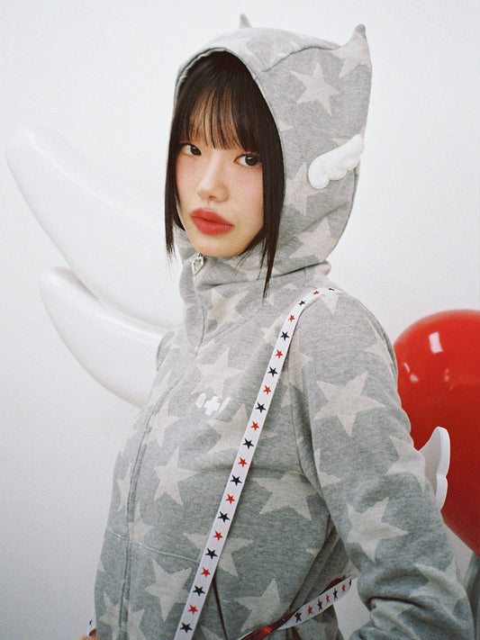 Angel of Star Wing Zip-Up Hoodie - GREY