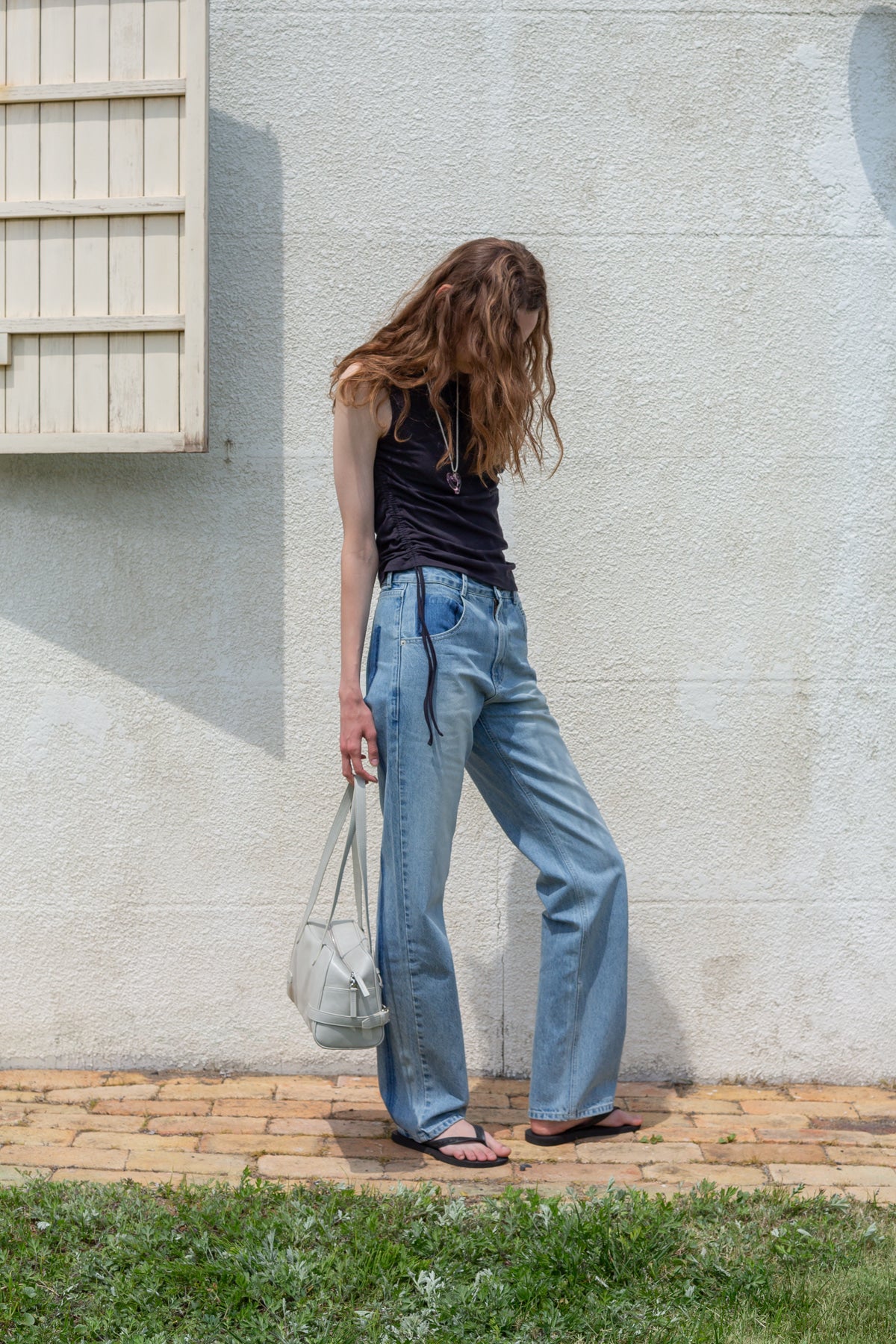 Matin Kim - STRING OFF SHOULDER SLIM TOP IN CHARCOAL