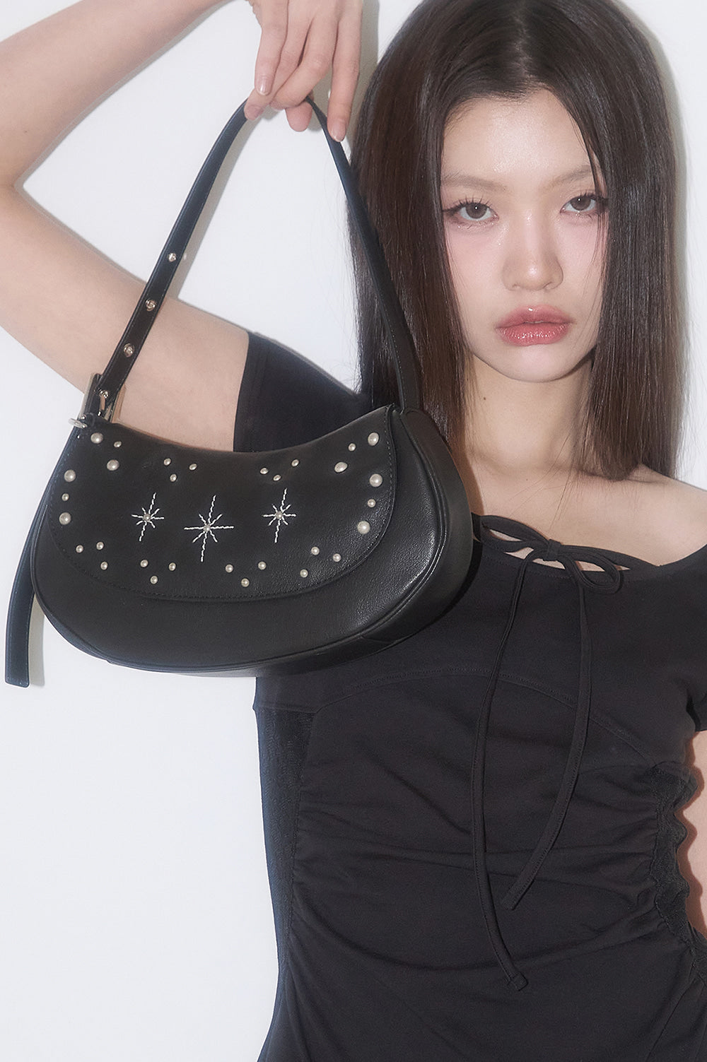 illigo - Stud Ornament Hobo Bag Black