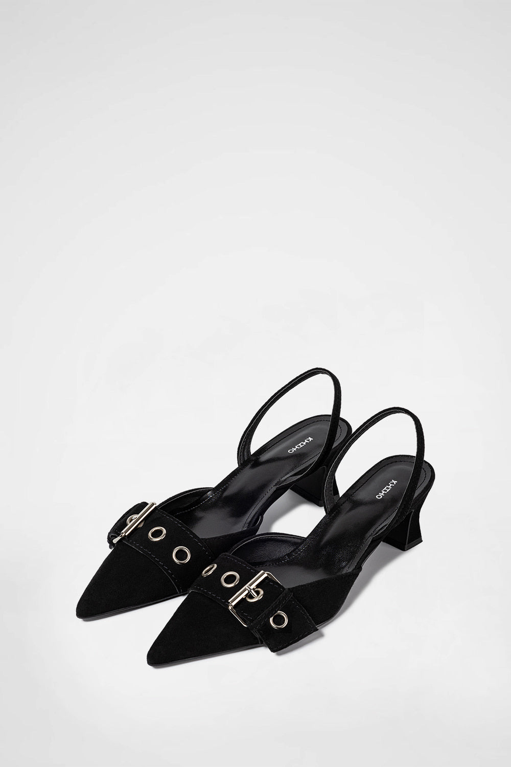 KHIHO - POINTED BUCKLE SLINGBACKS / BLACK SUEDE