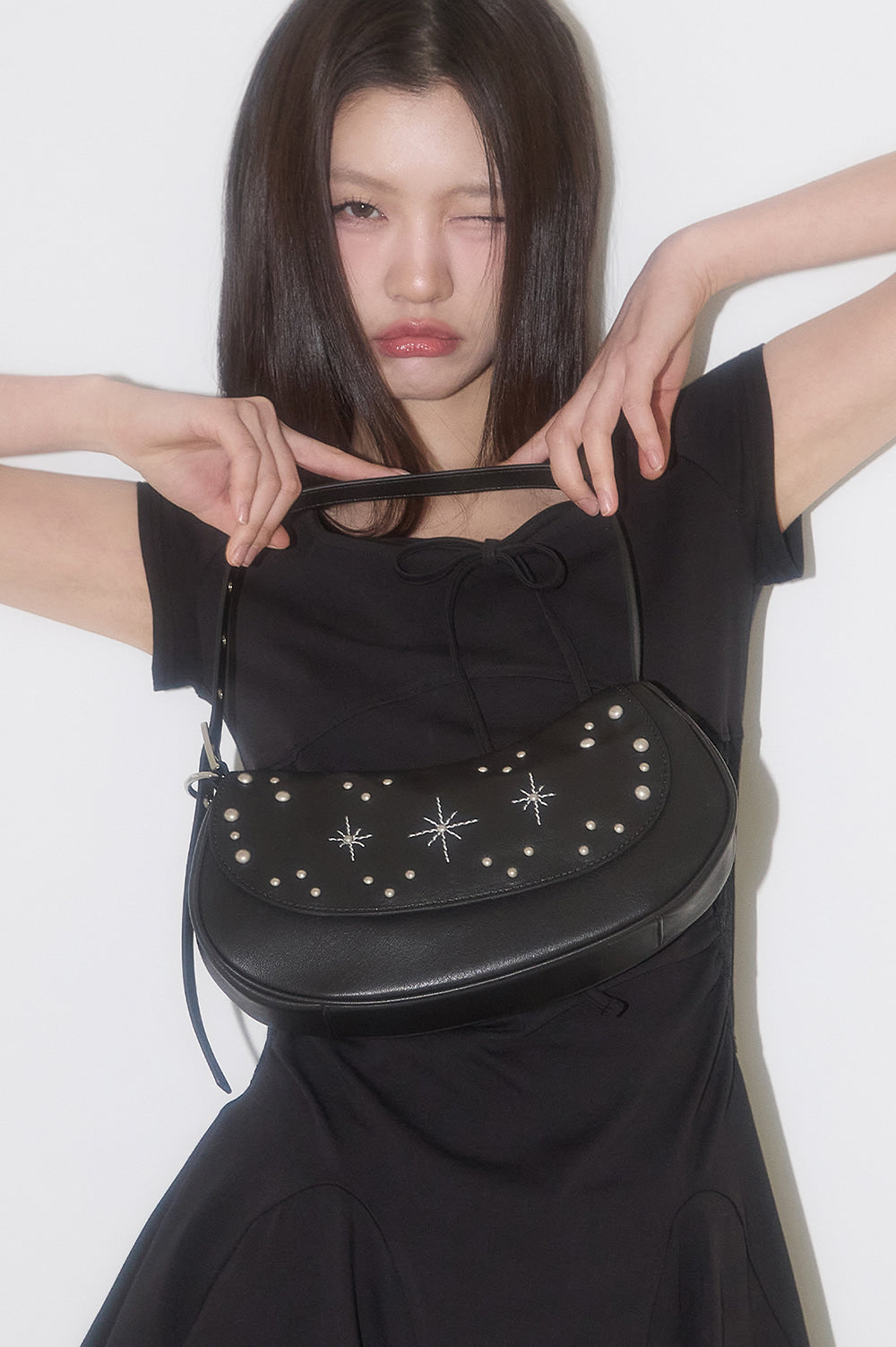 illigo - Stud Ornament Hobo Bag Black