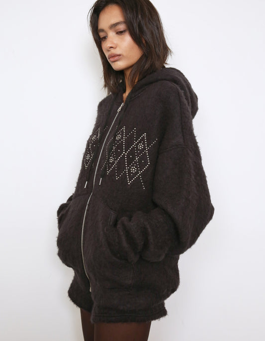 Polysooem - FLUFFY ARGYLE STUDDED HOODIE_ONZI EDITION, BLACK