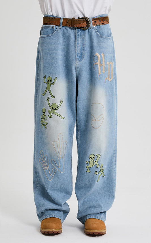 HOODHOOD - HD Alien Multi-Embroidery Denim Pants Light Blue