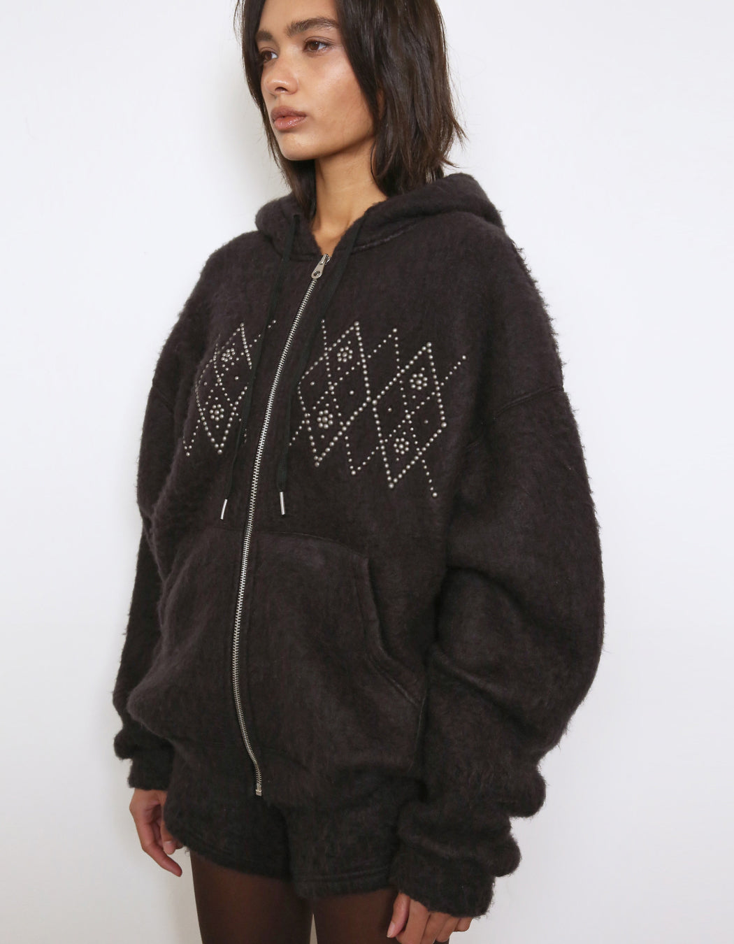 Polysooem -  FLUFFY ARGYLE STUDDED HOODIE_ONZI EDITION, BLACK