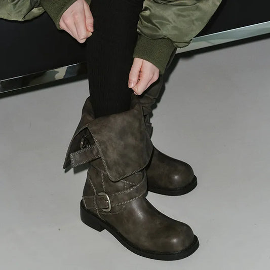 khiho - Raven Foldable Buckle Boots / Grey