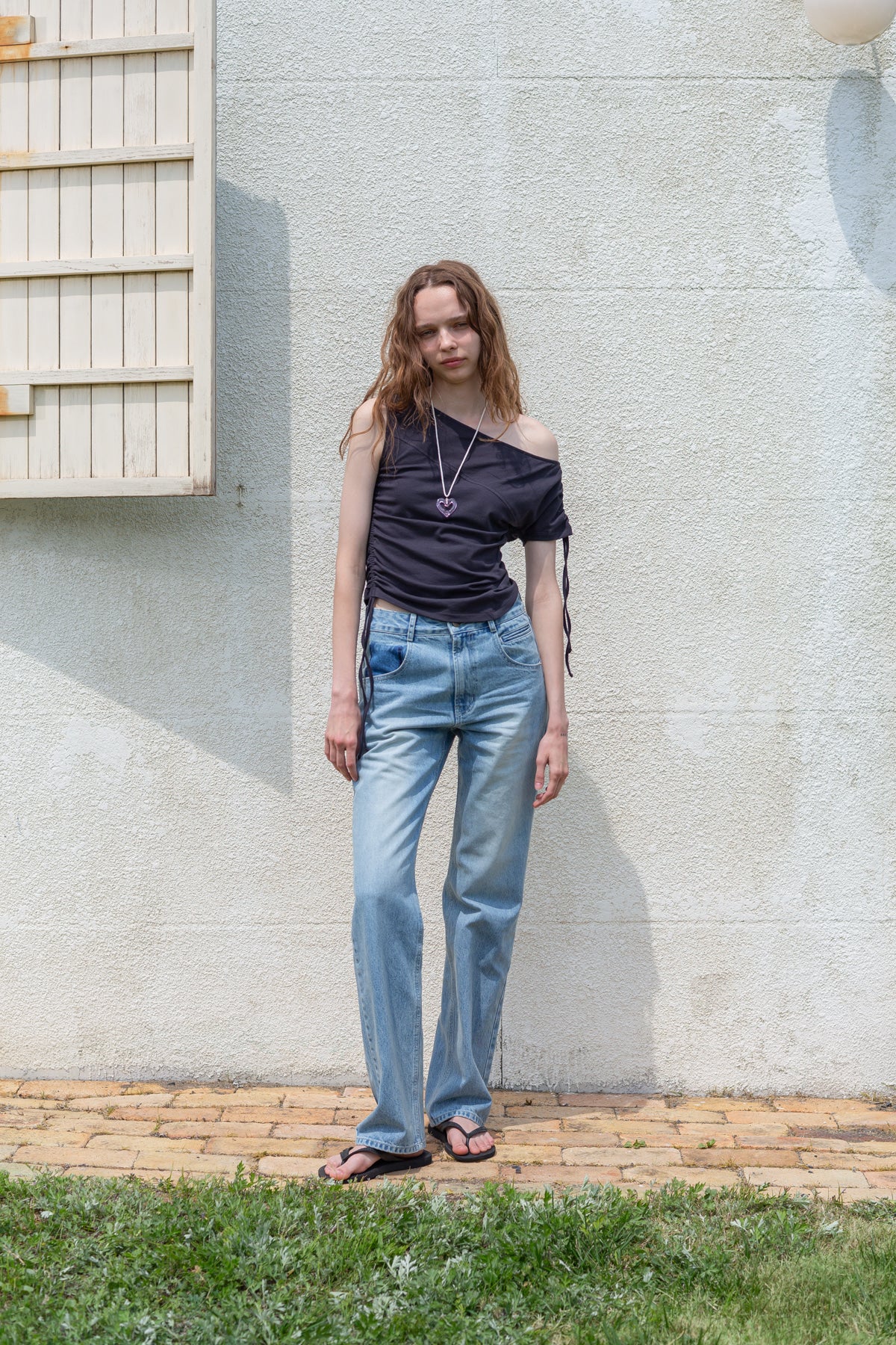 Matin Kim - STRING OFF SHOULDER SLIM TOP IN CHARCOAL