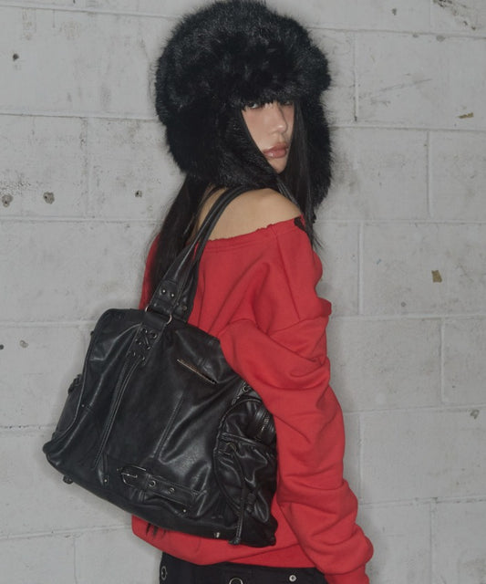 Fancyclub - BELTED WASHING LEATHER BAG (BLACK) F25QE990