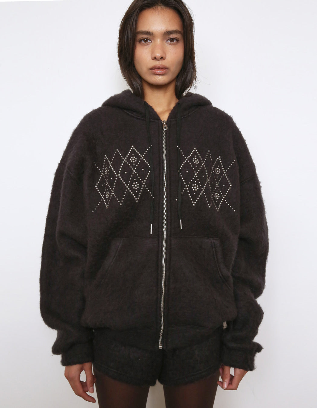 Polysooem -  FLUFFY ARGYLE STUDDED HOODIE_ONZI EDITION, BLACK