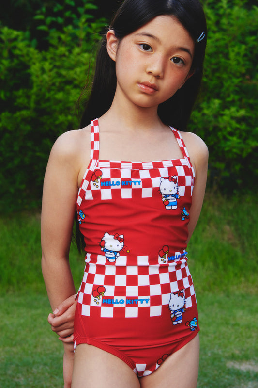 I ♥ Pingpong Kids One-piece swimsuit - Apple Red & Blue Wave