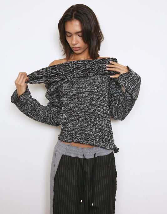 Polysooem - CHUNKY CABLE OFF-SHOULDER SWEATER, BLACK