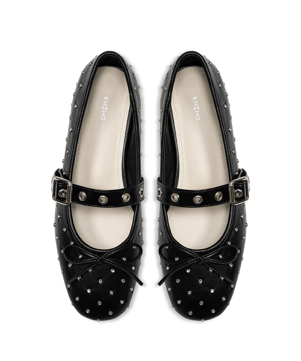 khiho - CRYSTAL BUCKLE STRAP BALLERINA FLAT BLACK