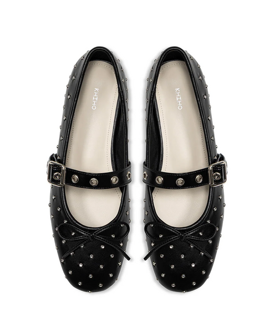 khiho - CRYSTAL BUCKLE STRAP BALLERINA FLAT BLACK