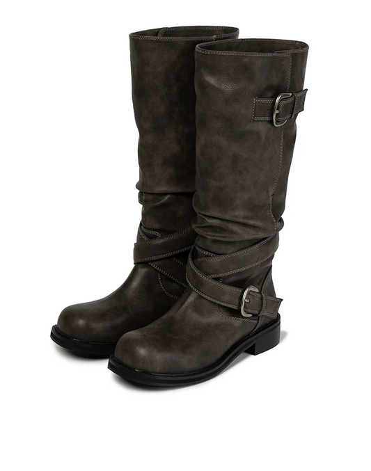 khiho - Raven Foldable Buckle Boots / Grey