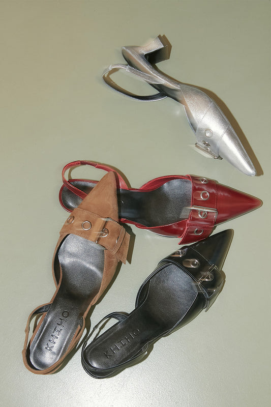 KHIHO - POINTED BUCKLE SLINGBACKS / BROWN SUEDE