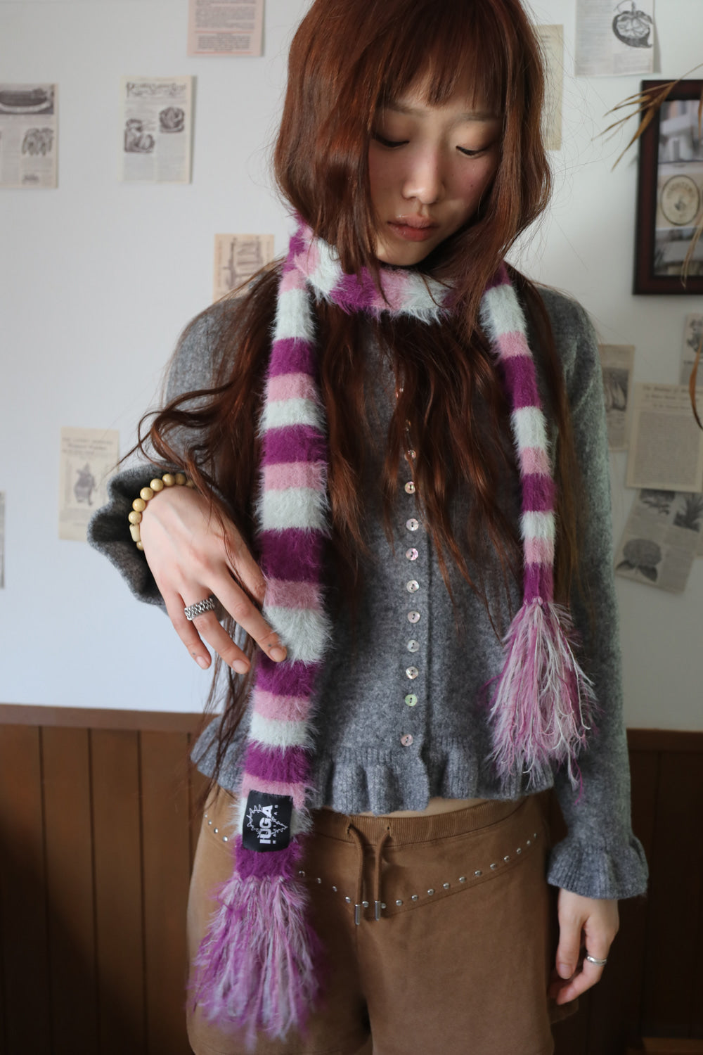 IUGA - Striped Hairy Skinny Muffler (Magenta)