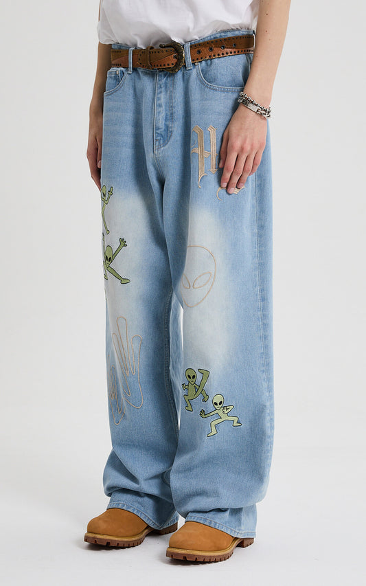 HOODHOOD - HD Alien Multi-Embroidery Denim Pants Light Blue