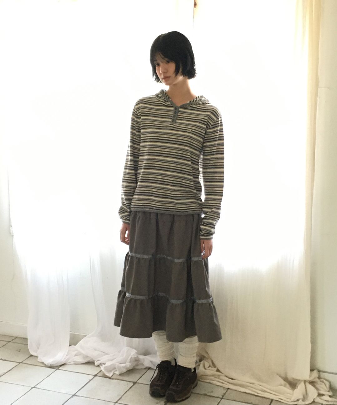 aeae -  STRIPE KNIT HOODIE [BEIGE]