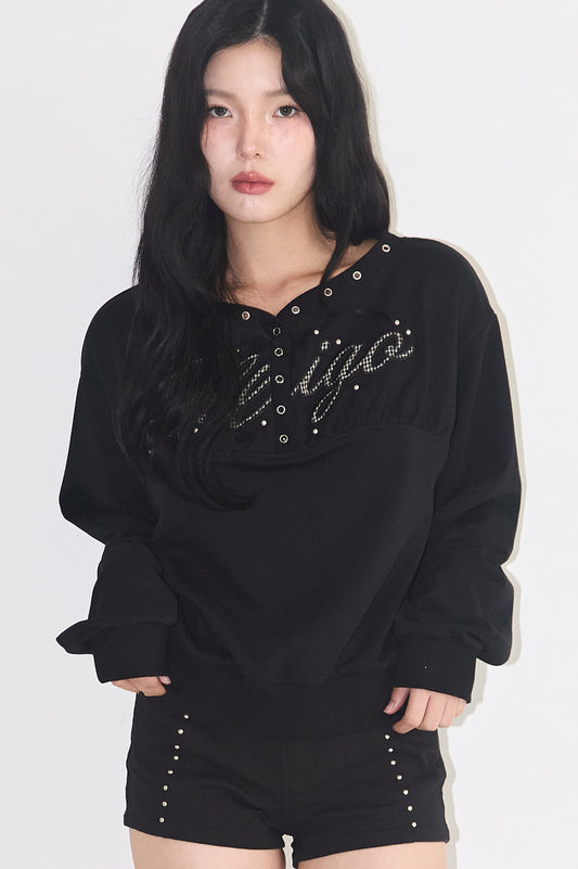 illigo - [Pre-order delivery on 10/02] Button eyelet off-shoulder man-to-man black