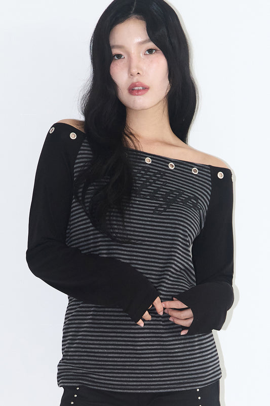illigo - Raglan off-shoulder long-sleeve striped charcoal