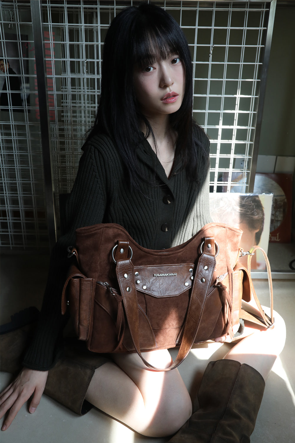 IUGA - Studded Suede Shoulder Bag (Brown)