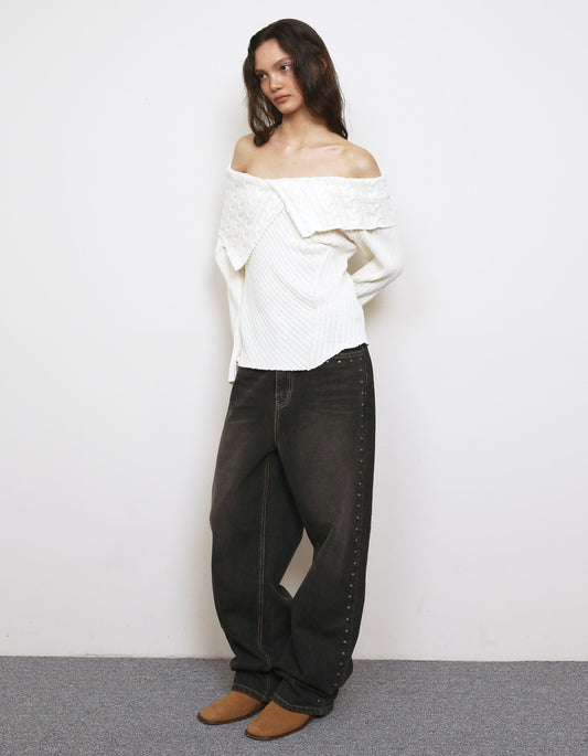 Polysooem - CHUNKY CABLE OFF-SHOULDER SWEATER, CREAM