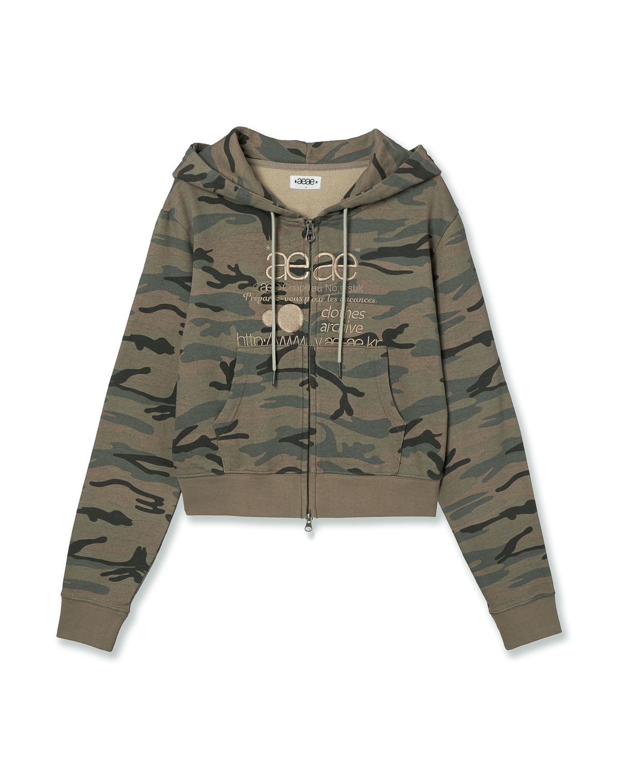 aeae -  WEB LOGO CROP HOOD ZIP UP [CAMO BEIGE]