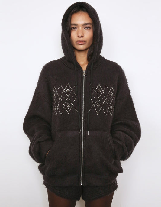 Polysooem - FLUFFY ARGYLE STUDDED HOODIE_ONZI EDITION, BLACK