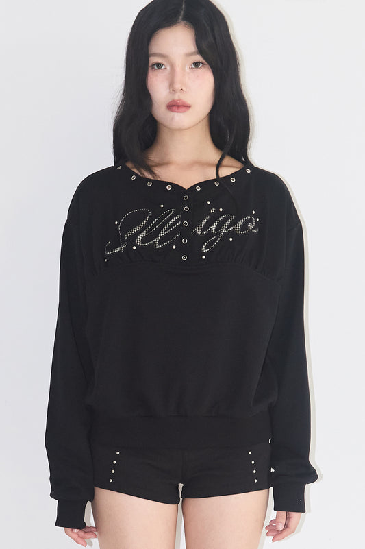 illigo - [Pre-order delivery on 10/02] Button eyelet off-shoulder man-to-man black