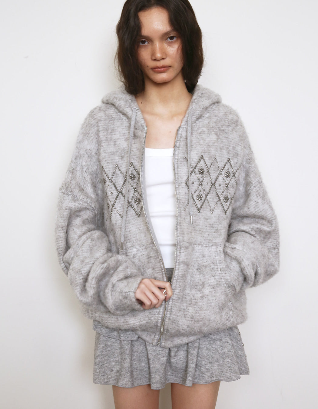 Polysooem -  FLUFFY ARGYLE STUDDED HOODIE_ONZI EDITION, GREY