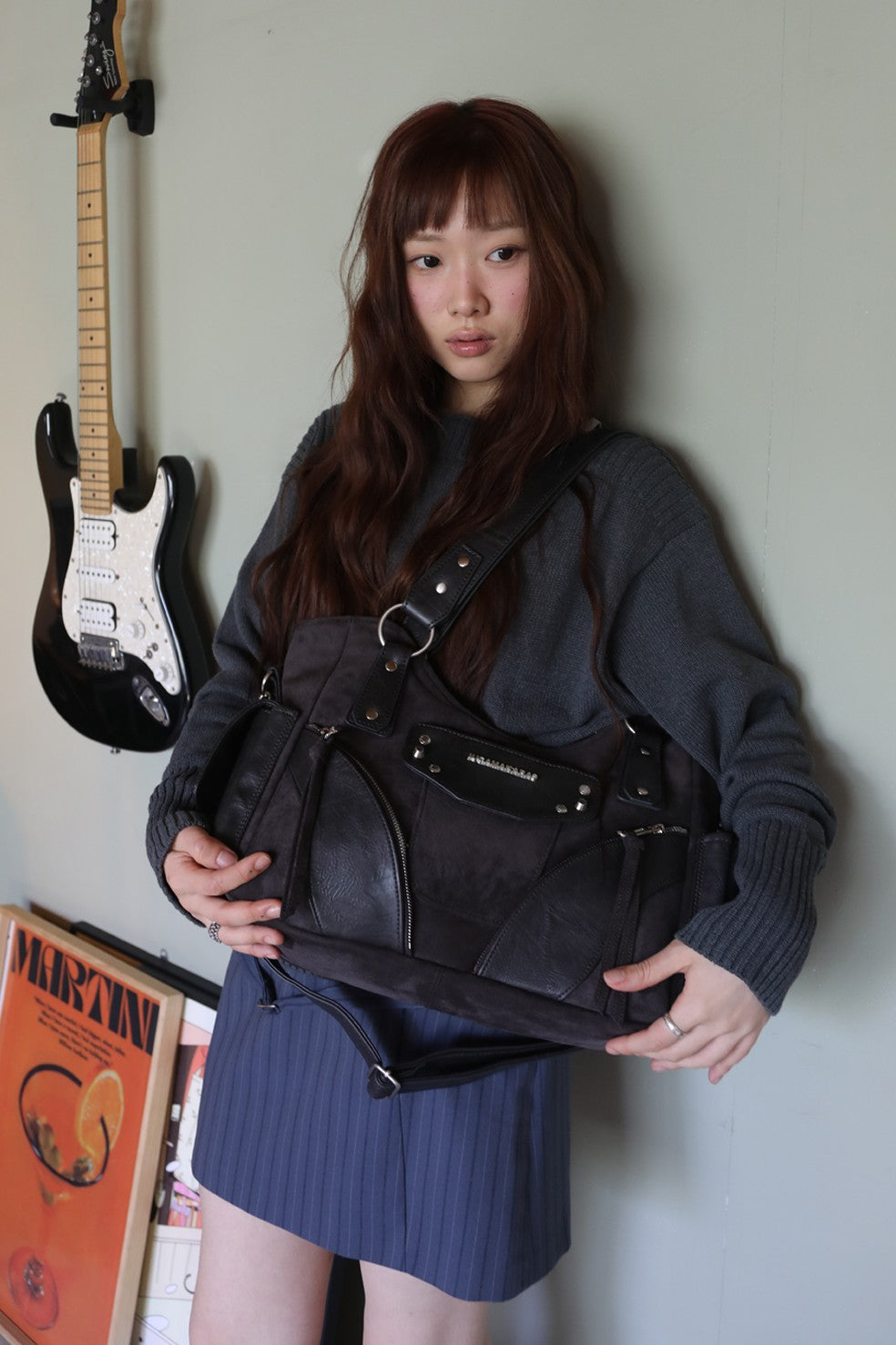 IUGA - Studded Suede Shoulder Bag (Charcoal)