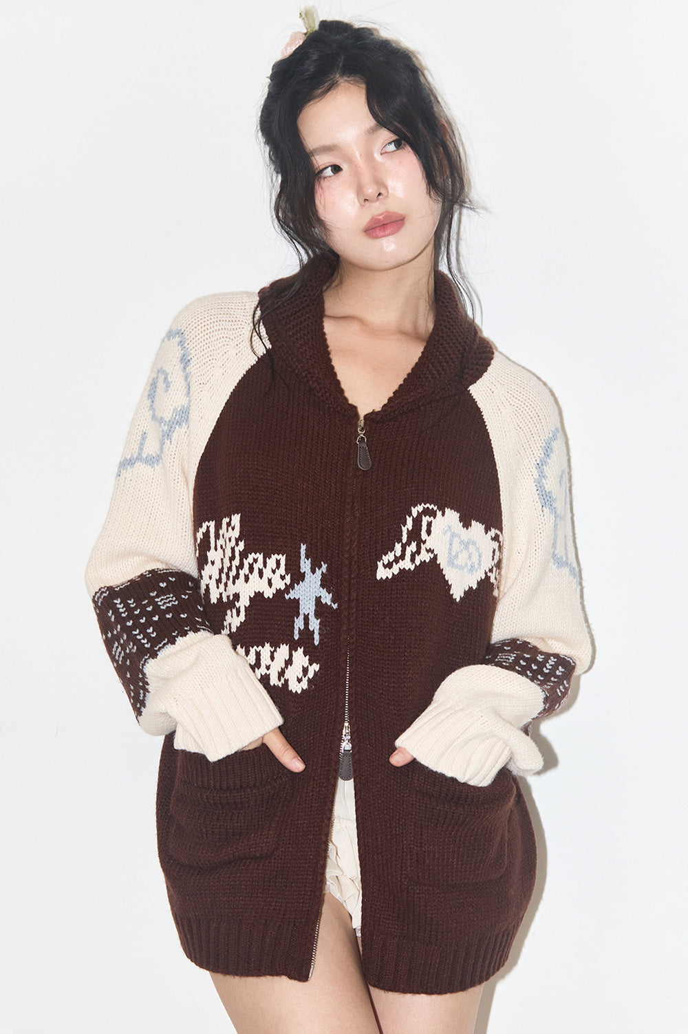 illigo - [Pre-order delivery on 09/25] Angel Ring Cowichan Knit Zip-up Brown