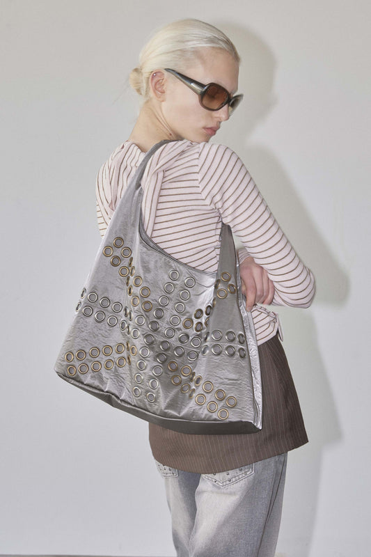 Sculptorpage - Stud Metallic Hobo Bag Gun Metal