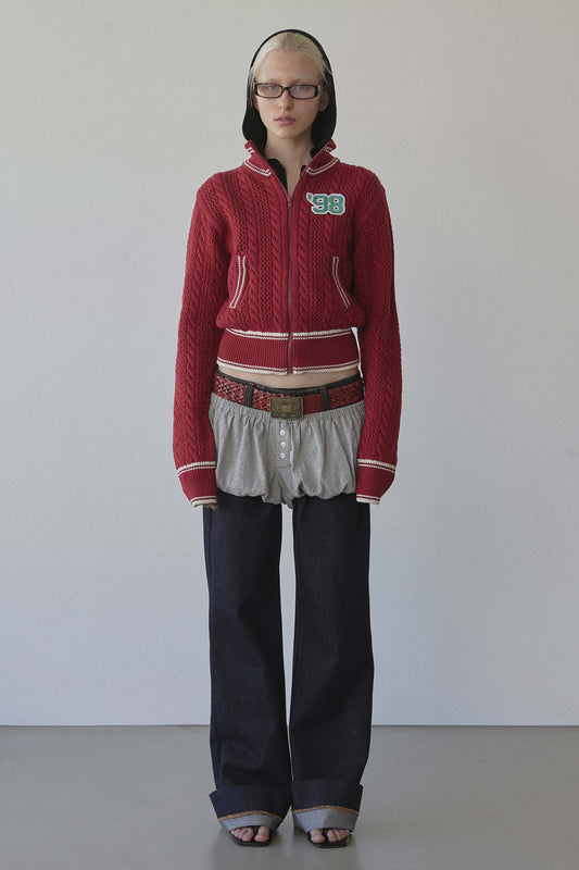 Sculptorpage - Knitted Cable Track Zip-Up Red/Ivory