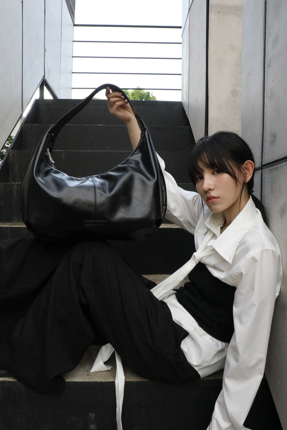 IUGA - Studded Strap Hobo Bag (Black)