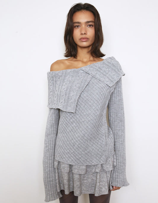 Polysooem - CHUNKY CABLE OFF-SHOULDER SWEATER, GREY