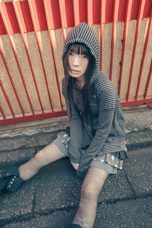 hugyourskin-Stripe babydoll hoodie zip-up (White Black / Charcoal )