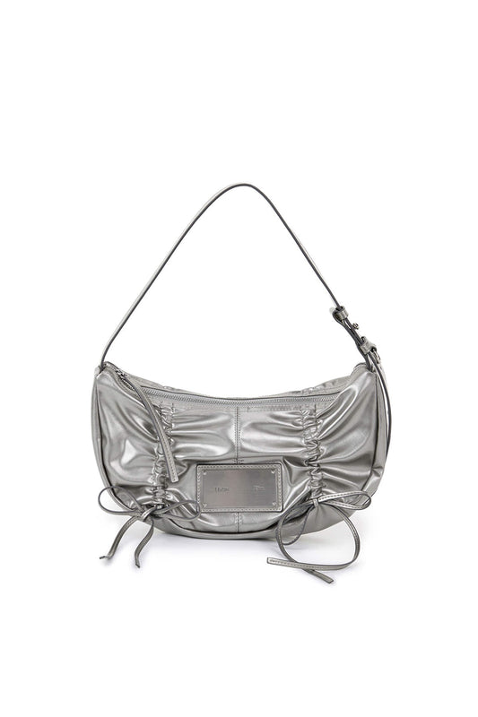 Matin Kim - HALF SHIRRING RIBBON ROUND BAG IN DARK SILVER