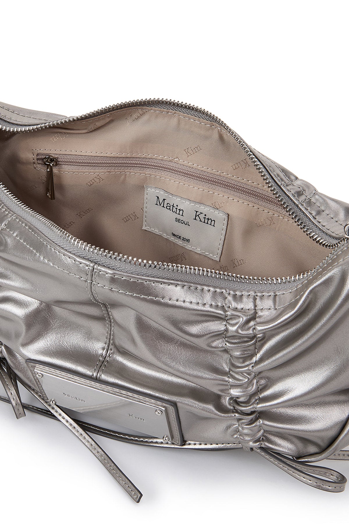 Matin Kim - HALF SHIRRING RIBBON ROUND BAG IN DARK SILVER