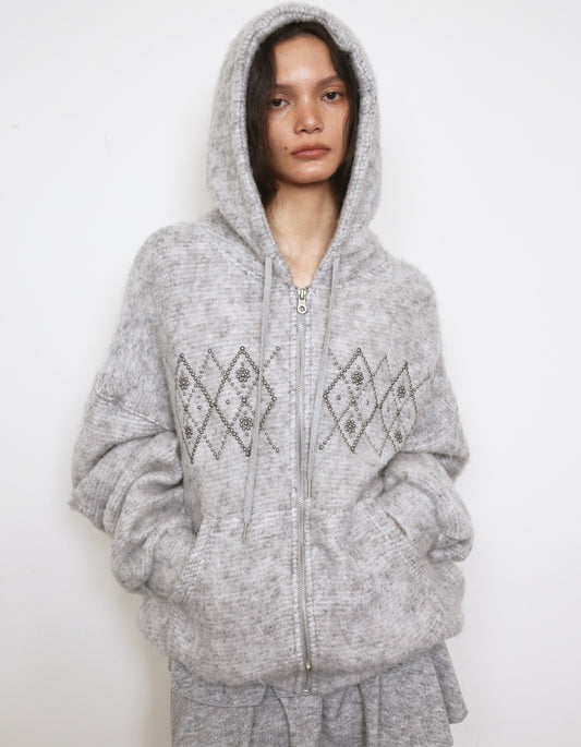 Polysooem -  FLUFFY ARGYLE STUDDED HOODIE_ONZI EDITION, GREY