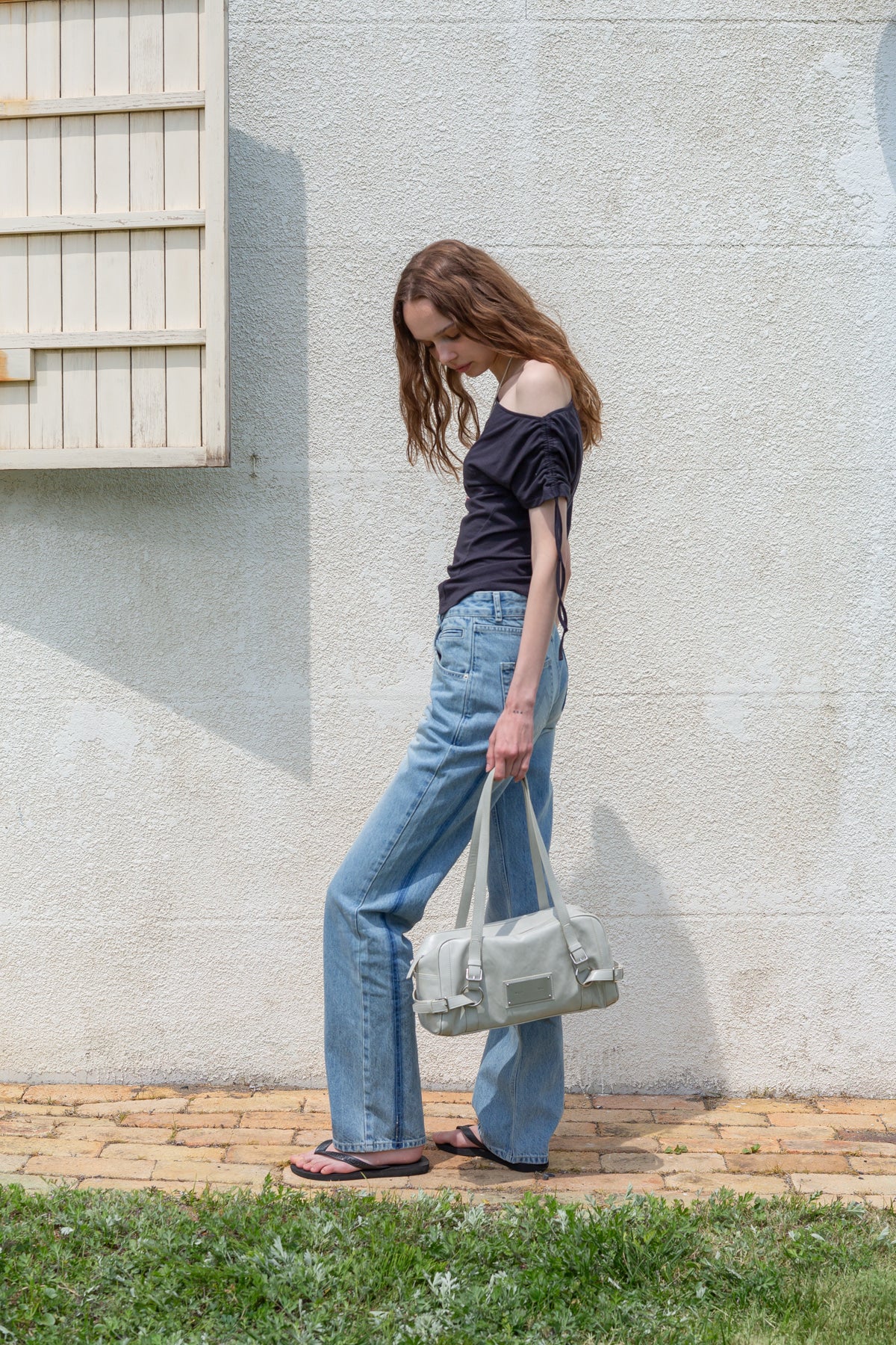 Matin Kim - STRING OFF SHOULDER SLIM TOP IN CHARCOAL