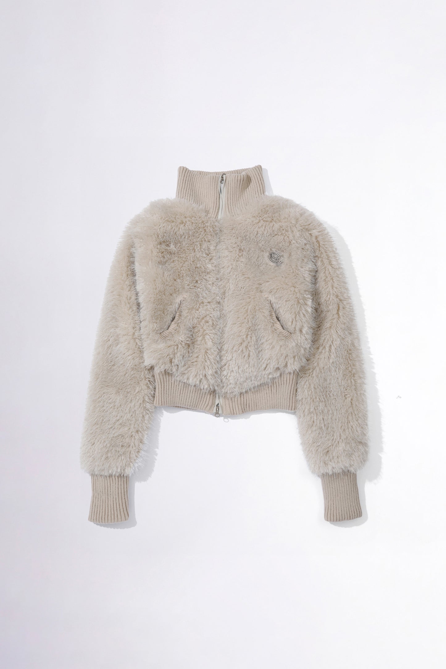 Faux Fur Zip-Up Jacket Pale Gray